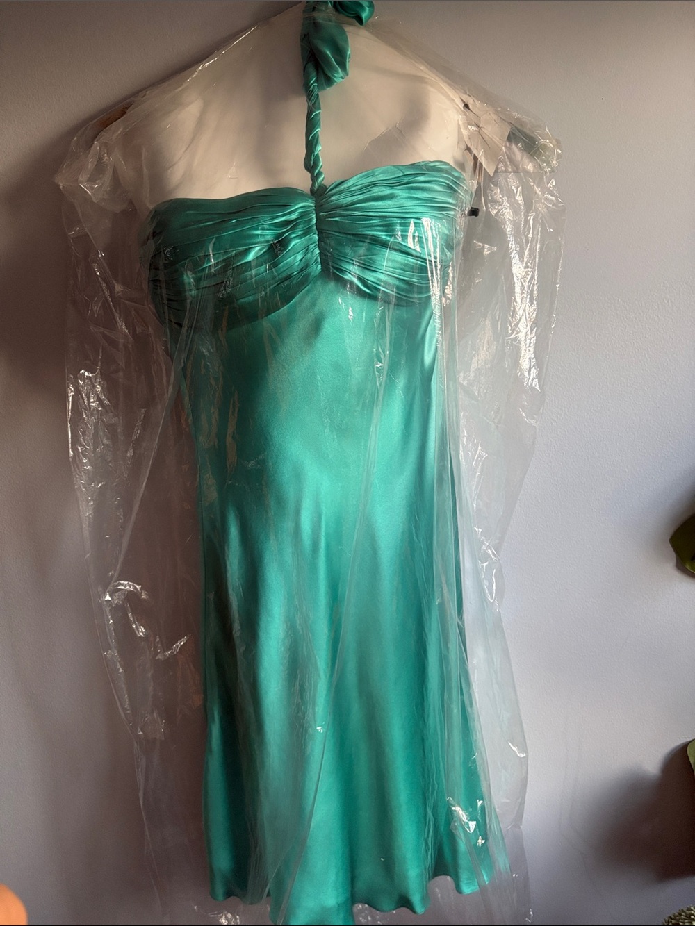 Cache Teal Strapless Satin Halter Dress